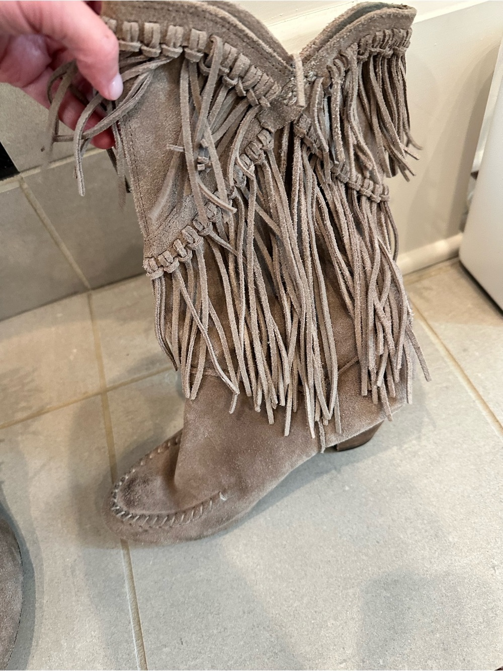 7 For All Mankind Taupe Suede Fringe Mid-Calf Boots